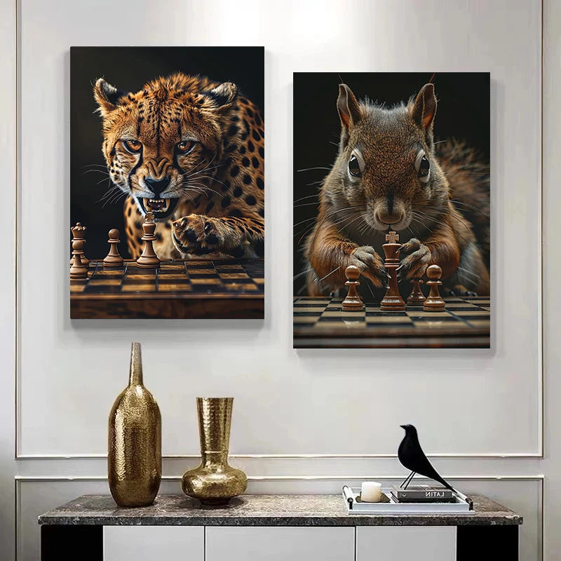 Wild Animals Chess Canvas Wall Art Poster – Tiger Lion Bear Canvas Wall Art Qst