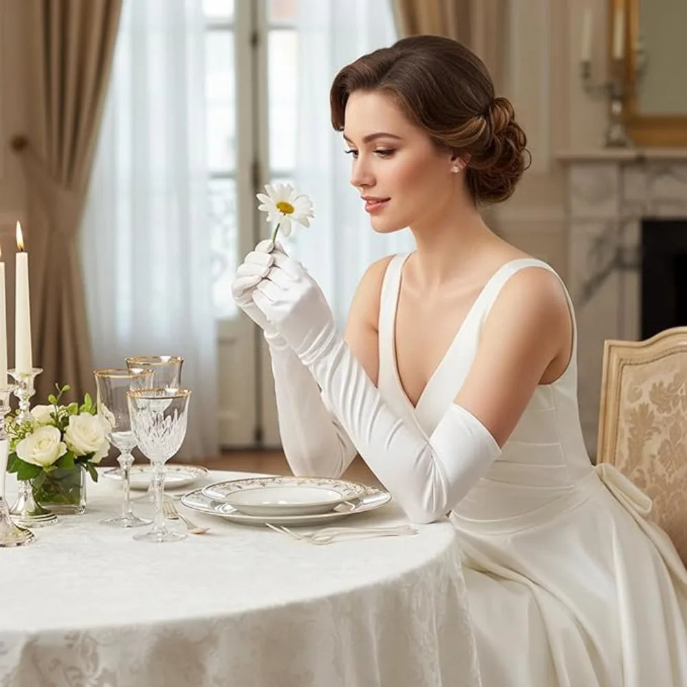 Women's White Satin Long Opera Gloves – Wedding & Costume Satin Opera Gloves Qme