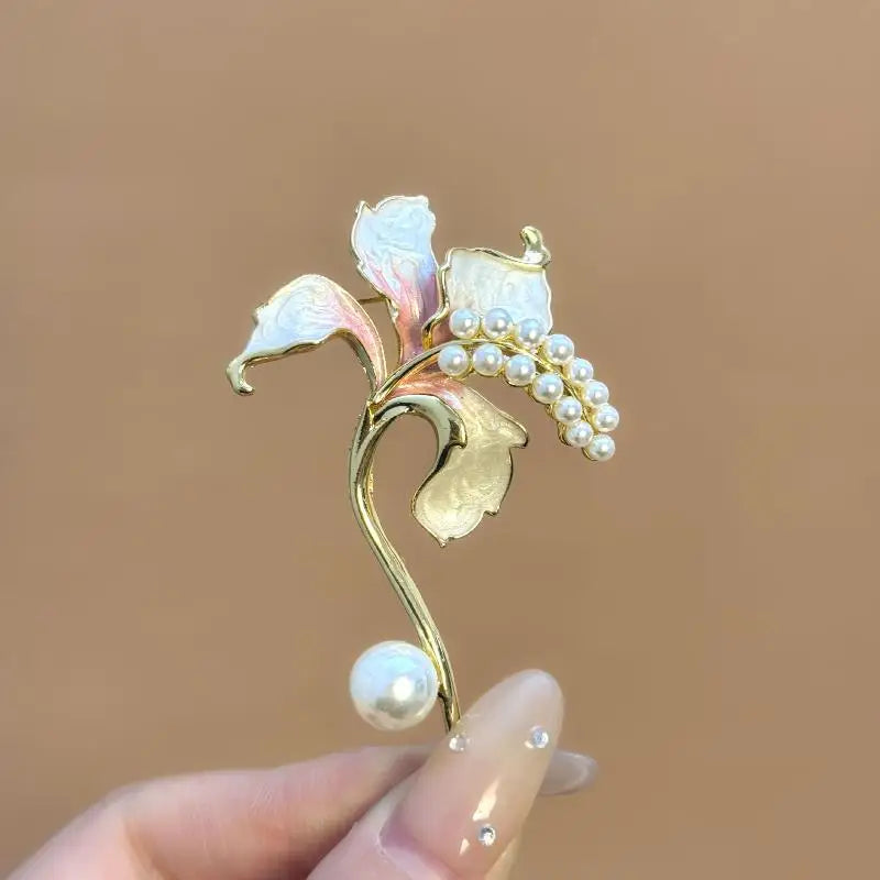 Enamel Pearl Lily Flower Brooch Pin for Women – 3 Colors Flower Brooch Pin Qme