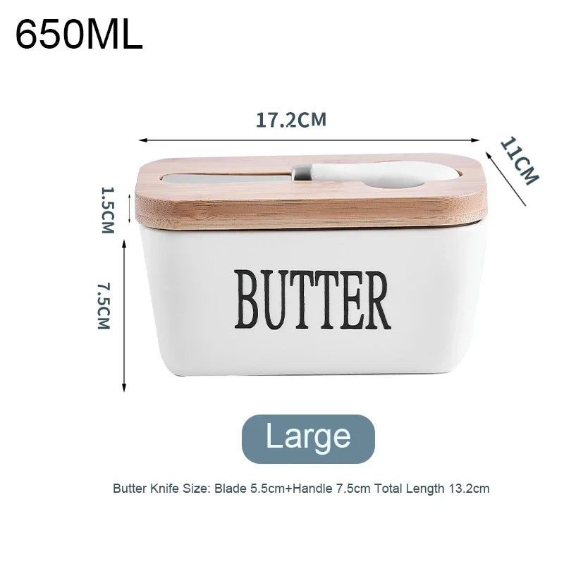 Ceramic Butter Dish with Bamboo Lid & Cheese Knife – 3 Colors Butter Dish Set Qme 650ml
