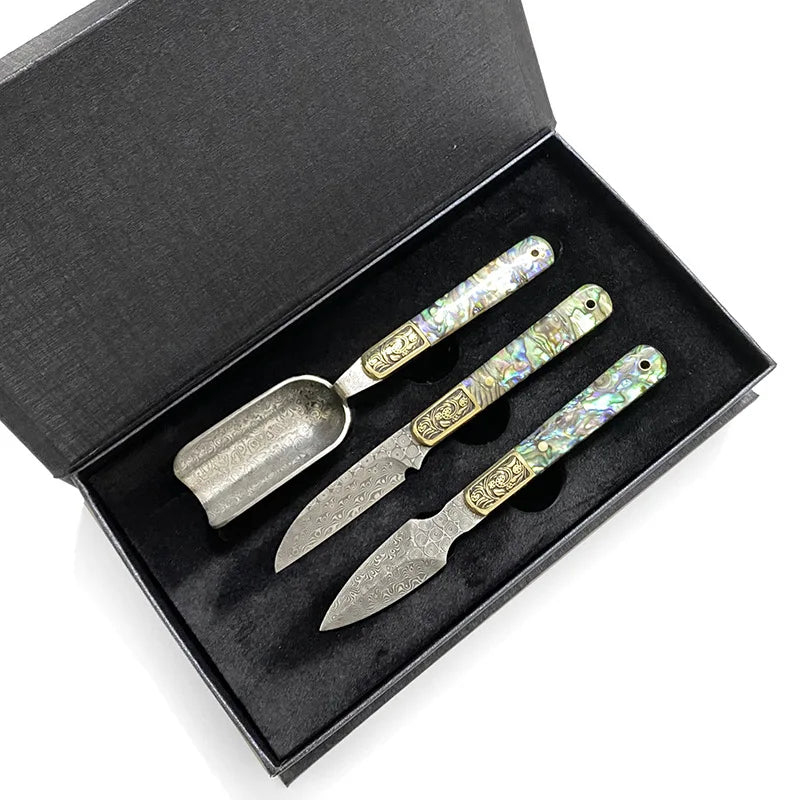 Damascus Steel Tea Knife & Scoop Set – Abalone Shell Handle Tea Ceremony Knife Set Qst 3pcs