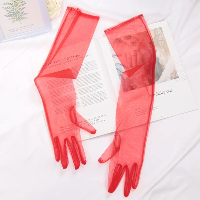 Women's Sheer Lace Mesh Gloves – Ultra Thin Elastic, 55cm Lace Mesh Gloves Qme Red 55cm