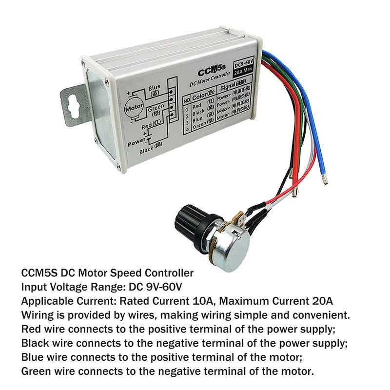DC Motor Speed Controller 9V–60V 20A PWM Stepless Regulator Motor Speed Controller Qme