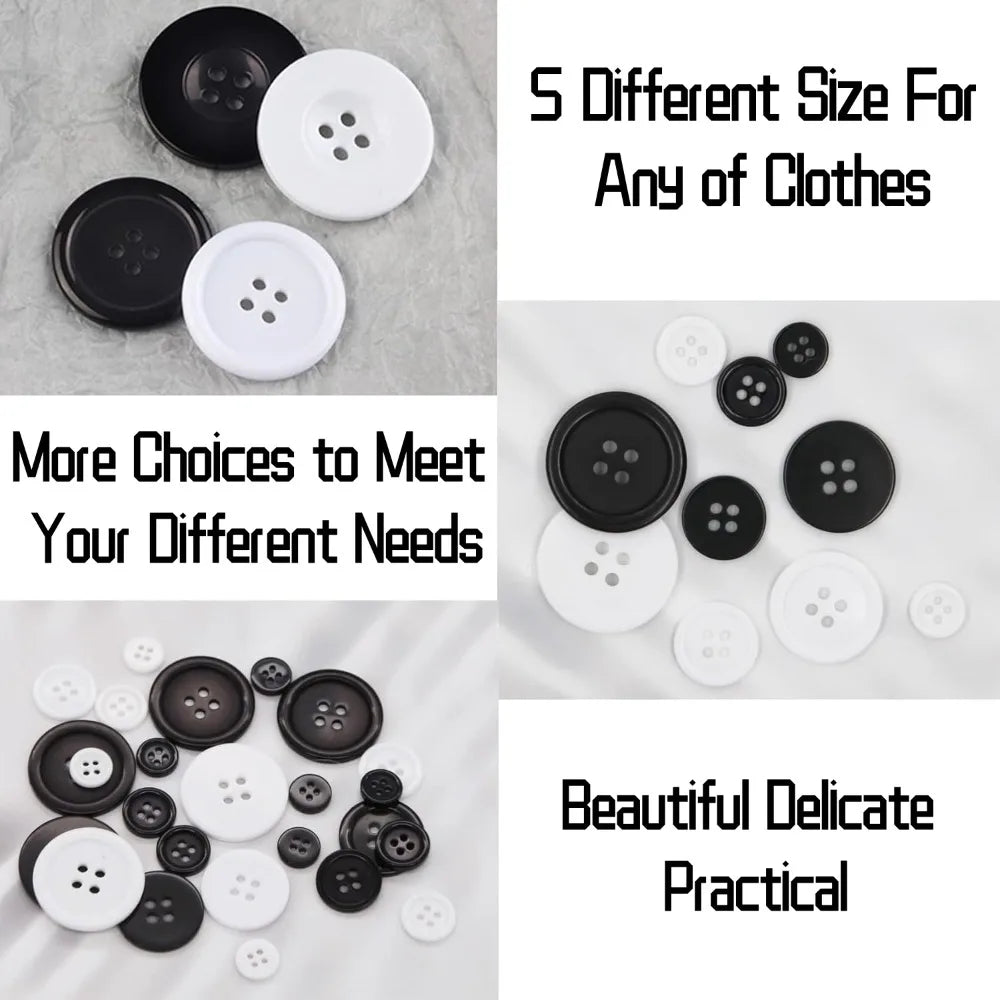 160pcs Round Resin Sewing Buttons 4-Hole Mixed 5 Sizes Black White Sewing Buttons Qme
