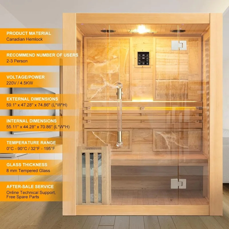 SMARTMAK 2-3 Person Canadian Hemlock Home Sauna WiFi 4.5kW Indoor Sauna Room Qst
