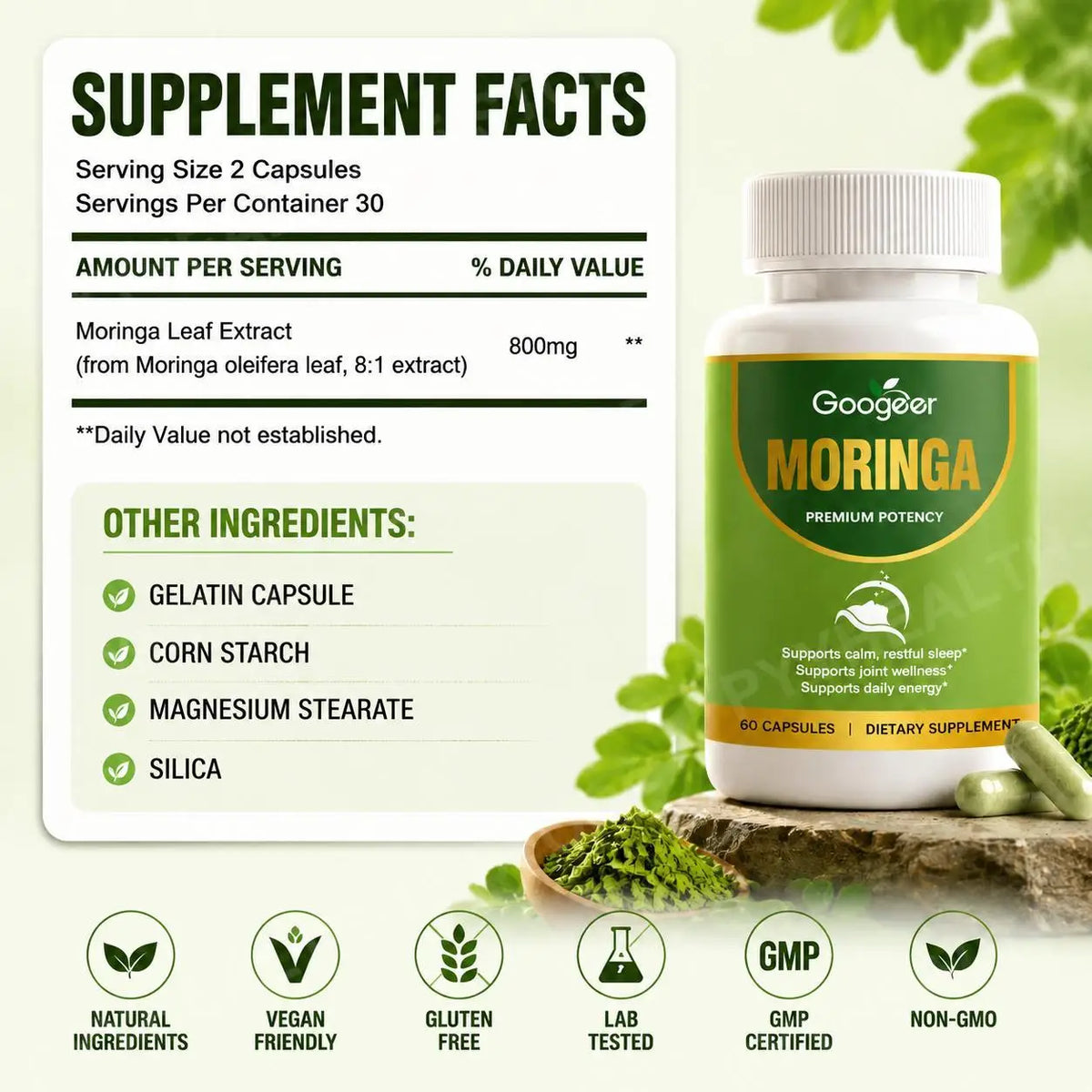 Moringa Leaf Extract Capsules 800mg 8:1 Formula – 60 Count Herbal Supplement Qst