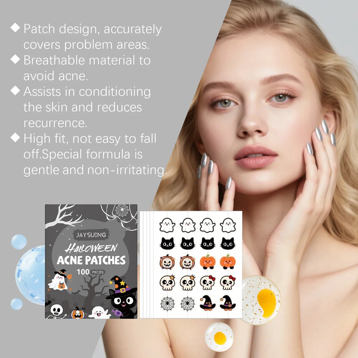 Halloween Acne Patches – Pumpkin & Bat Shapes, 100 Pcs Acne Patches Qme