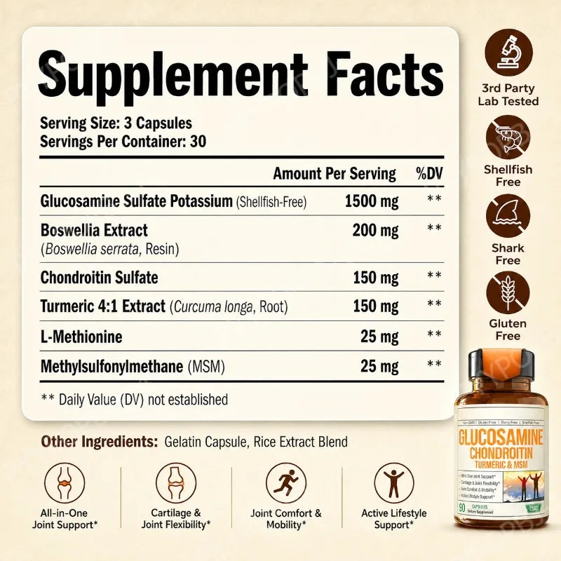 Glucosamine Chondroitin Turmeric MSM Boswellia Capsules 90ct Joint Wellness Supplement Qst