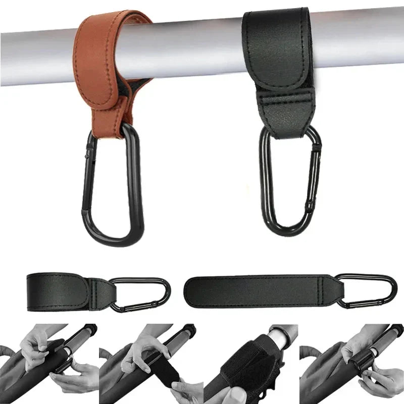 PU Leather Baby Stroller Hooks – Adjustable Pram Bag Hangers 2pc Stroller Hook Organizer Qme