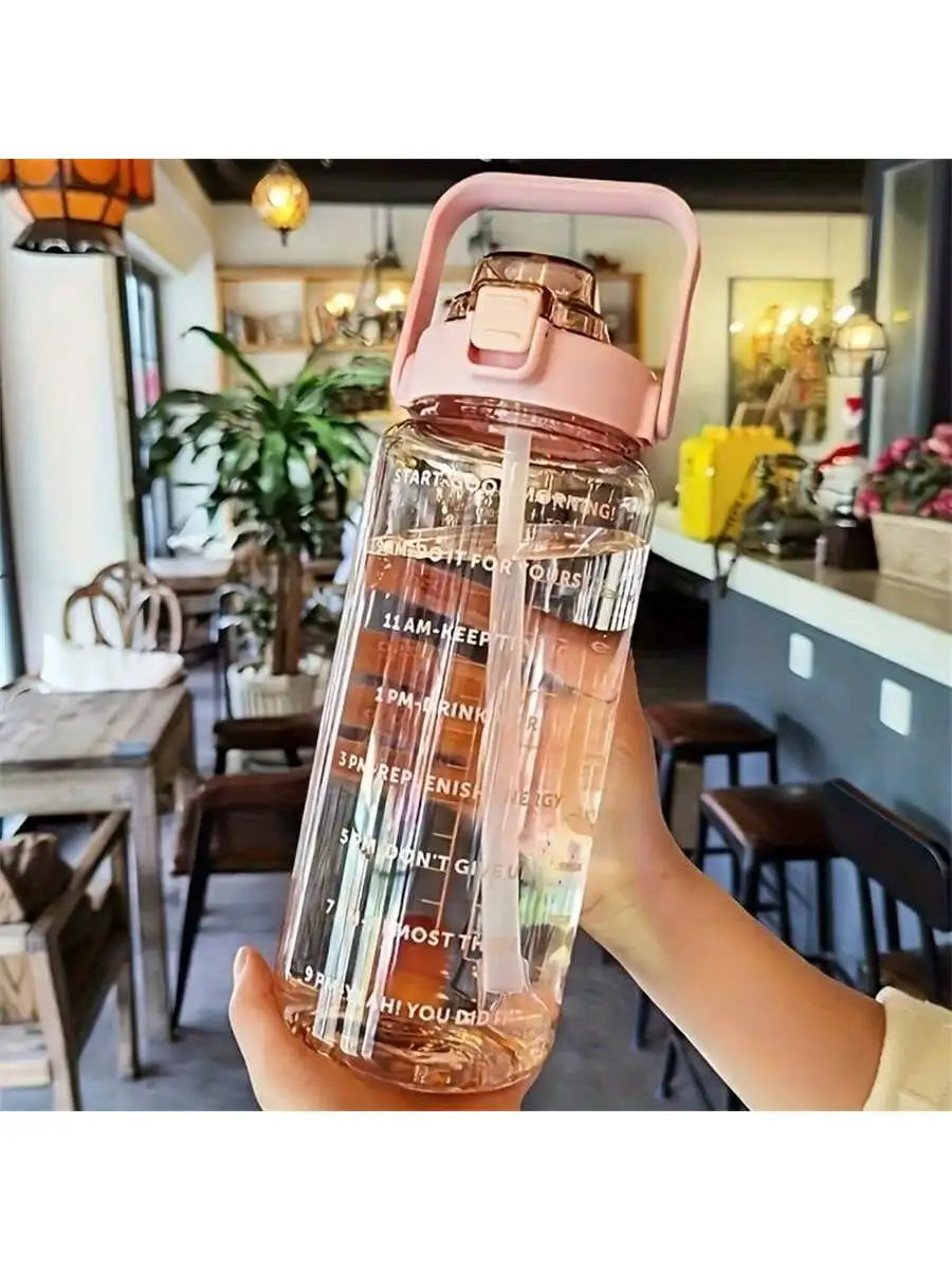 Large 2000ml Water Bottle with Straw & Time Marker Water Bottle Qme