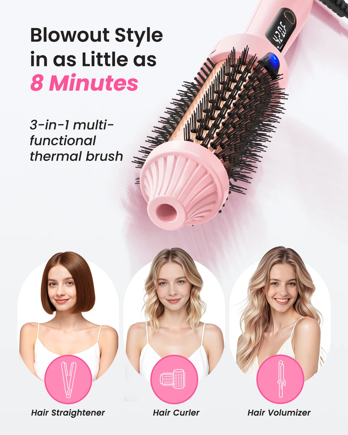 Dual Voltage Ionic Thermal Brush – Curl & Straighten, LED Hot Air Styling Brush Qst