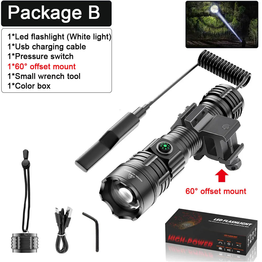Tactical LED Flashlight 2000LM USB-C Rechargeable Zoomable Tactical Flashlight Qst Package B White With 2600mah battery