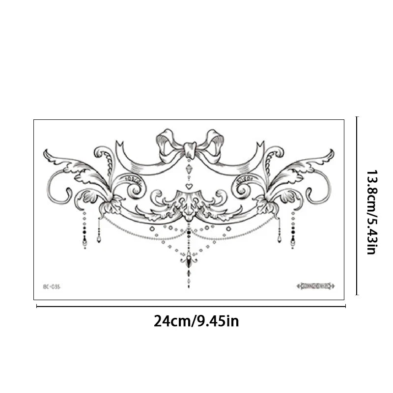 Black Bow & Wave Temporary Tattoo Sticker – Chest Back Abdomen Temporary Tattoo Sticker Qme BC-035
