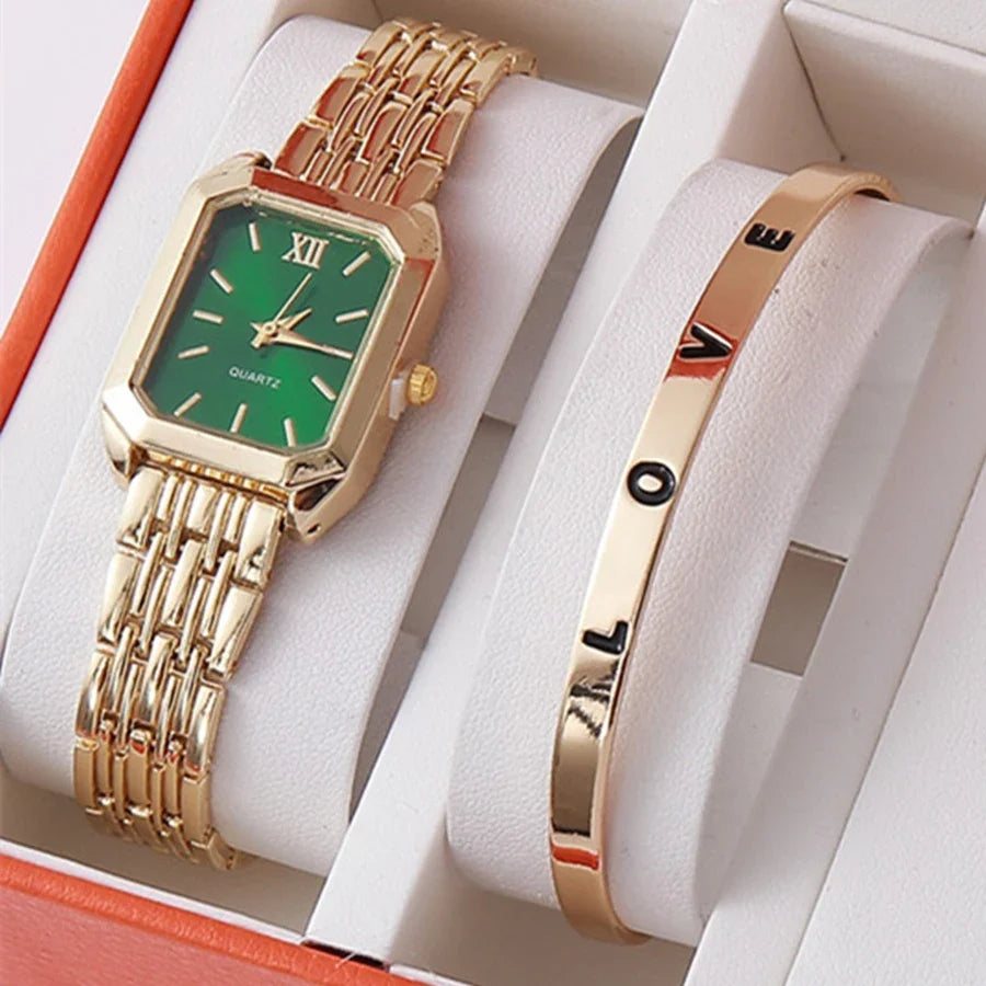 Women's Luxury Quartz Watch & LOVE Bracelet Set | Alloy Band Women's Watch Set Qme Gold-green Set