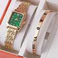 Women's Luxury Quartz Watch & LOVE Bracelet Set | Alloy Band Women's Watch Set Qme Gold-green Set