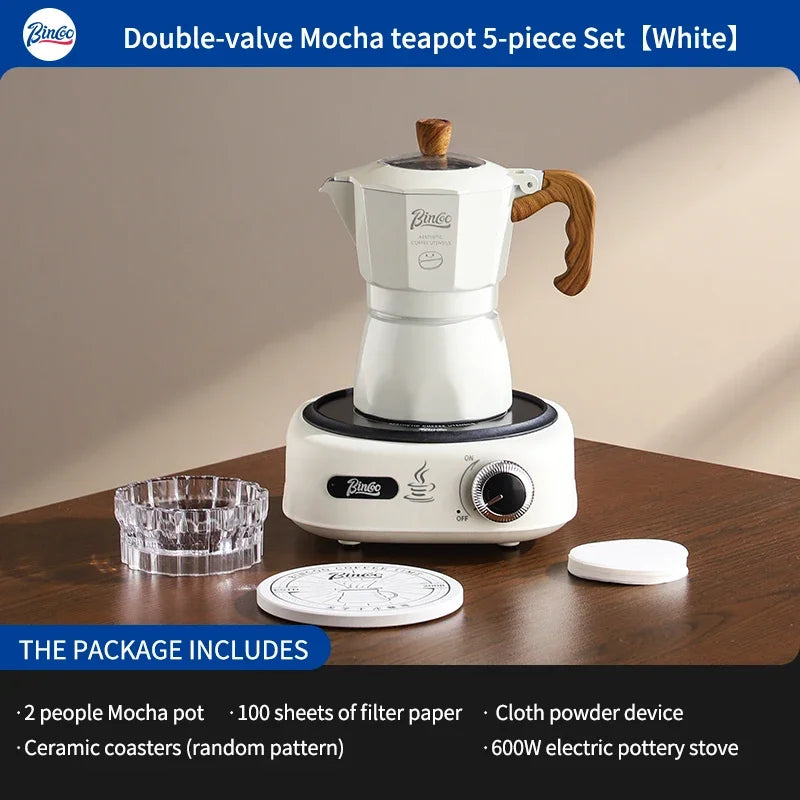 Bincoo Dual Valve Moka Pot Espresso Set with Electric Stove Moka Pot Set Qst 5pcs set white