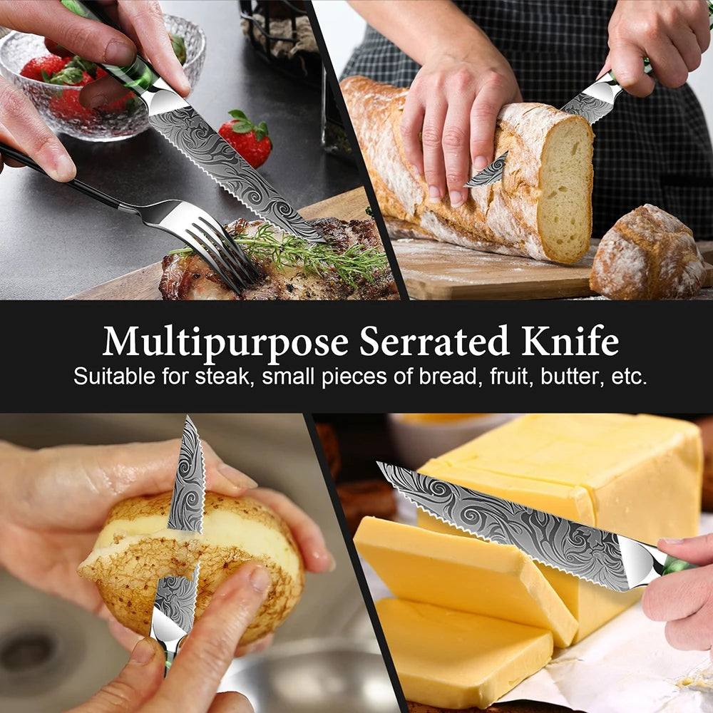 XITUO Serrated Steak Knife Set – Stainless Steel & Green Resin Steak Knife Set Qst