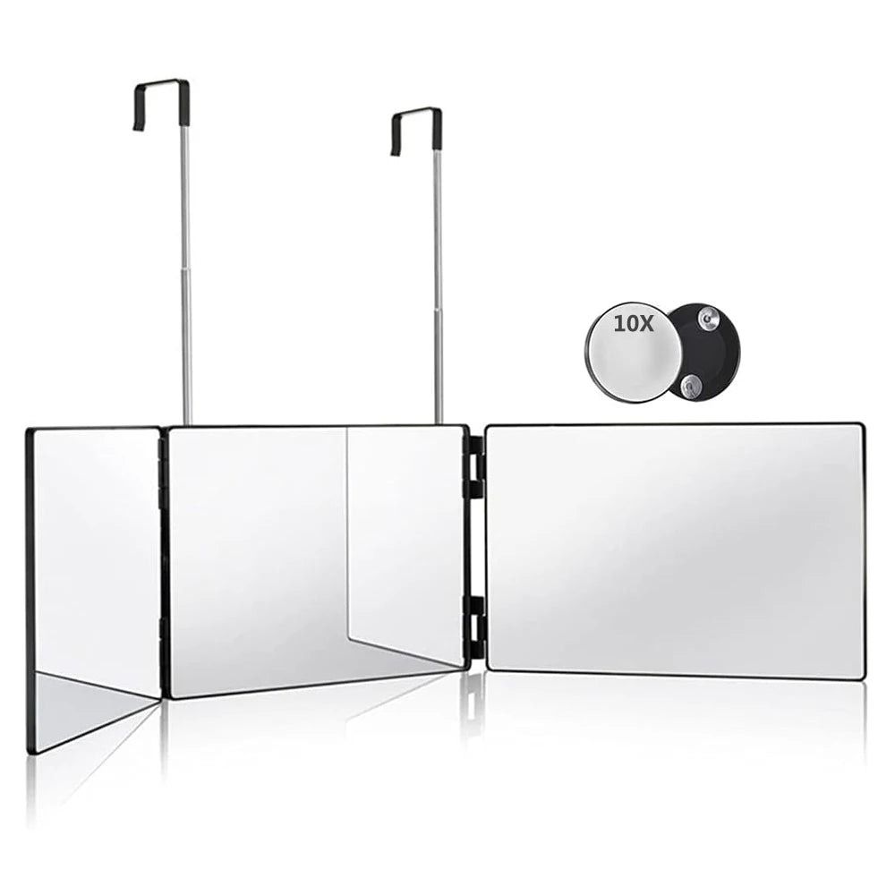 360° Trifold Travel Makeup Mirror with Adjustable Hook Trifold Vanity Mirror Qst Black with 10X