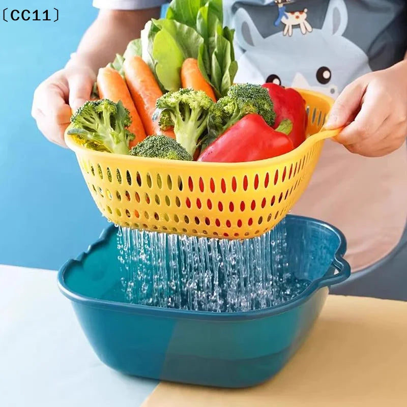 Double-Layer Fruit & Vegetable Drain Basket | Green & Yellow Produce Drain Basket Qme