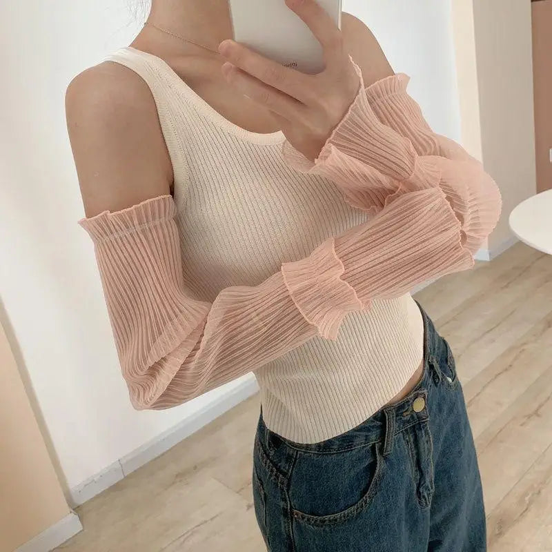 Women's UPF 50+ Sun Sleeves Fingerless Lace Mesh Arm Covers UV Arm Sleeves Qst flesh color one size