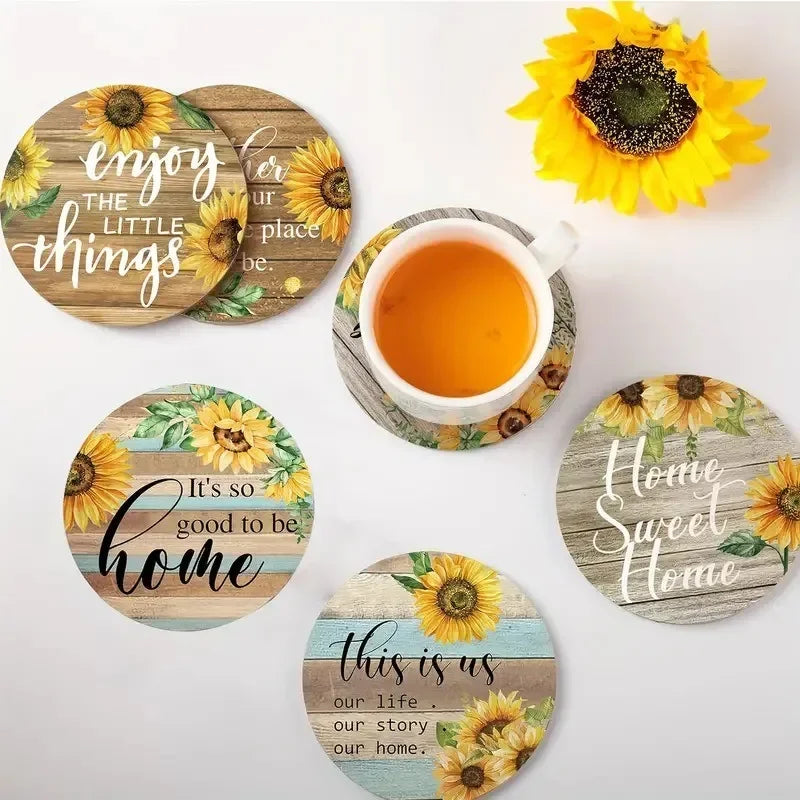 Sunflower Absorbent Wood Coasters Set with Holder | 6 Pcs Drink Coaster Set Qme