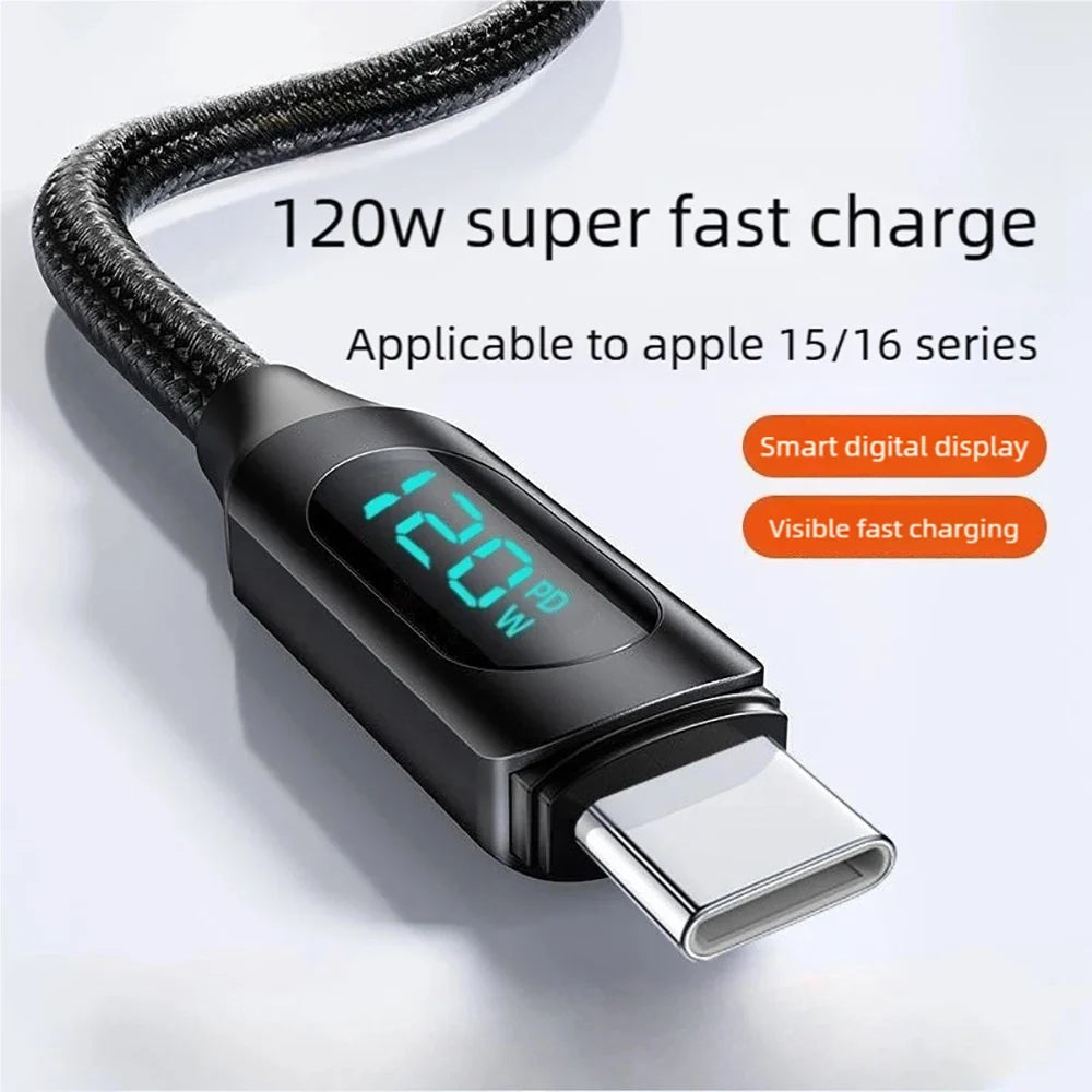 120W USB-C Fast Charging Cable LED Display Nylon Braided USB-C Charging Cable Qme
