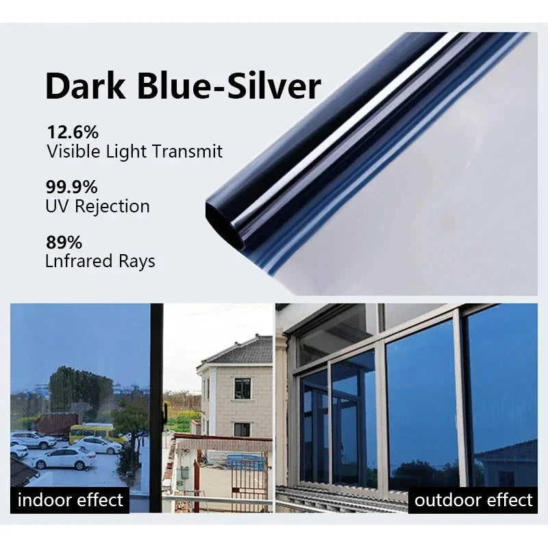 One-Way Mirror Window Privacy Film – PET Tint Vinyl Foil Window Privacy Film Qme Nano Blue Silver 60cmx500cm