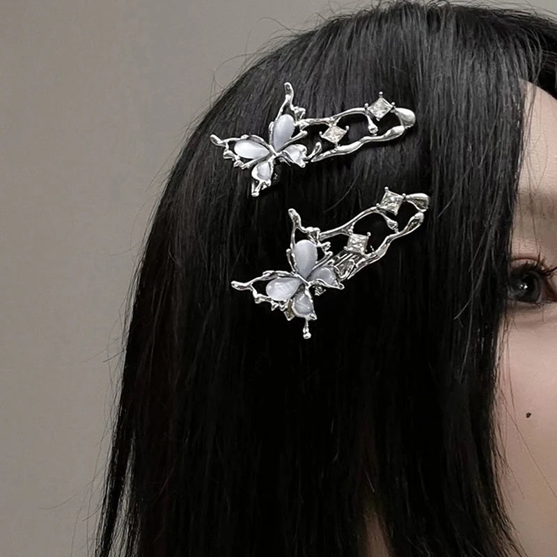 Y2K Liquid Metal Butterfly Zircon Hair Clip – Silver Barrette Hair Barrette Clip Qst one size