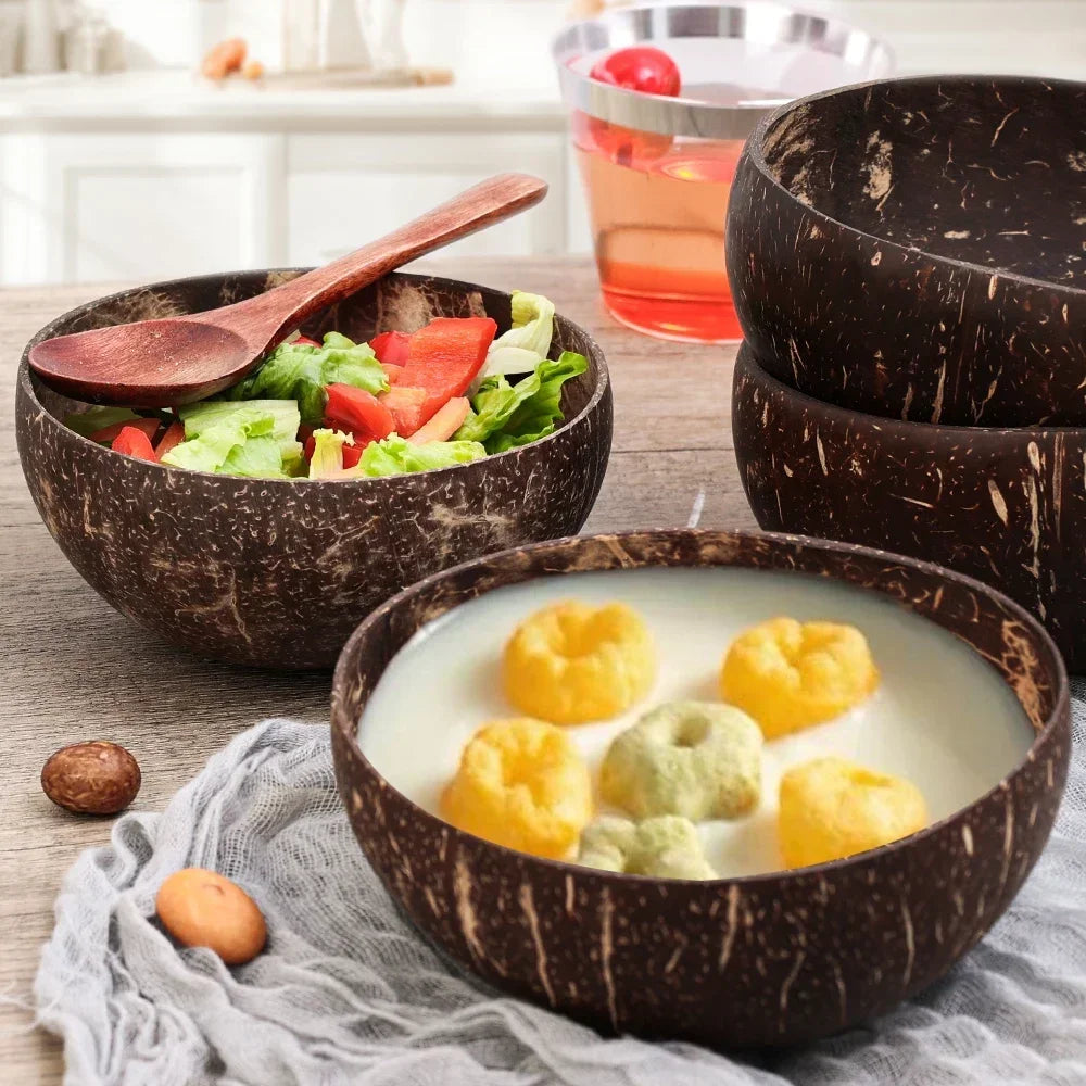 Natural Coconut Shell Bowls & Wooden Spoon Set | Eco Tableware Coconut Shell Bowl Set Qme