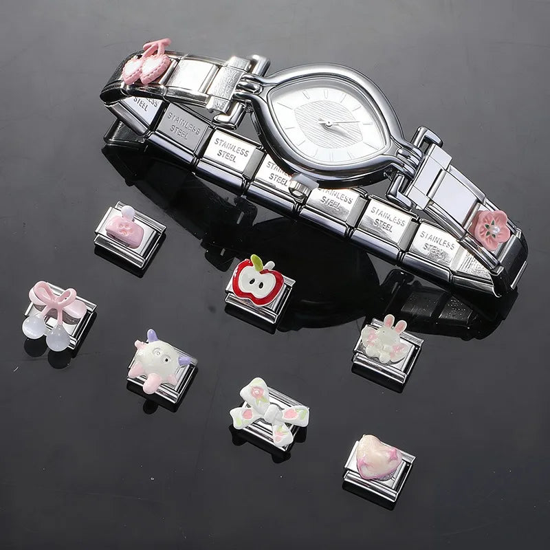 Italian Charm Links – Apple Sheep Cherry Bow Knot | 9mm Steel Italian Charm Links Qme