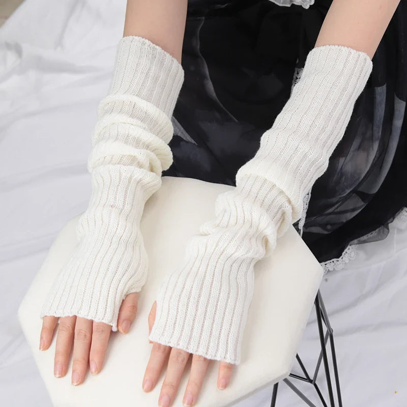 Women Long Fingerless Gloves Lolita Kawaii Knit Arm Warmers Fingerless Arm Warmers Qme
