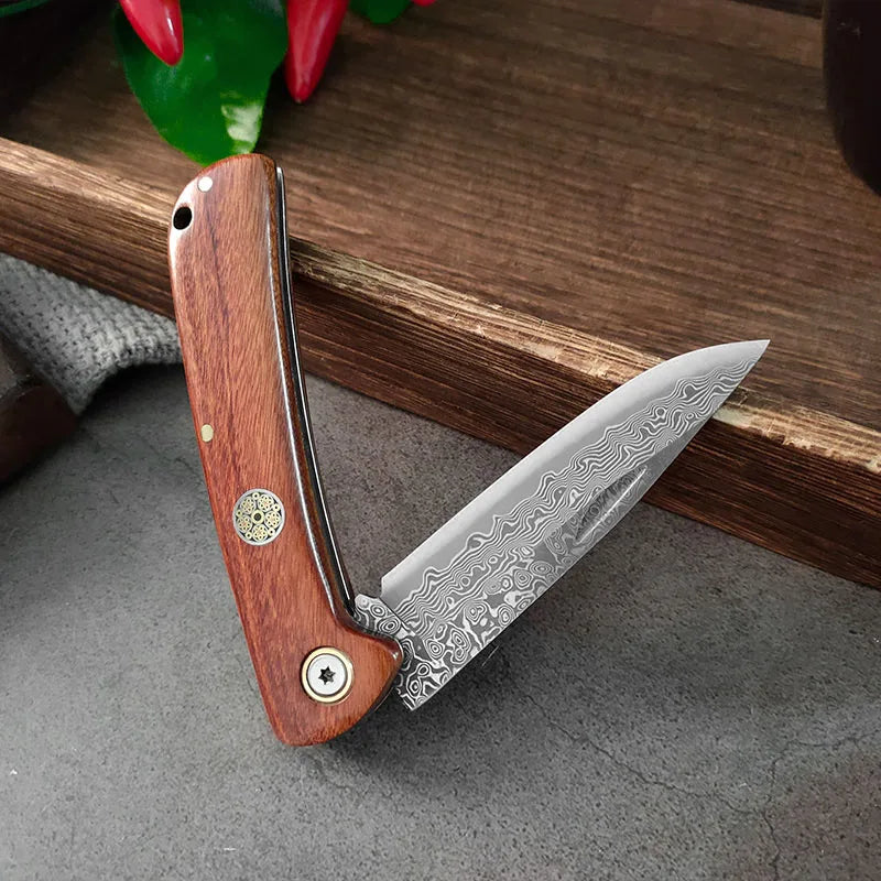 Damascus Steel Folding Pocket Knife – Wood Handle EDC Tool Folding Pocket Knife Qst