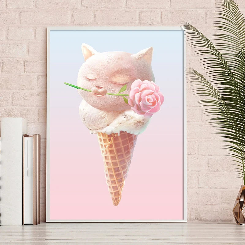 Nordic Pink Donut Ice Cream Canvas Wall Art – Girl Room Decor Canvas Wall Art Qst