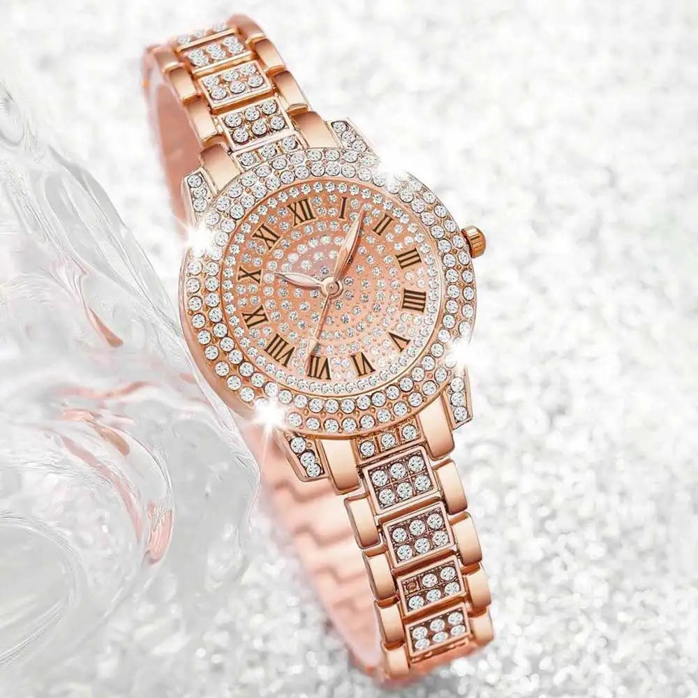 Women's Luxury Rhinestone Watch | Roman Numerals Round Dial Bracelet Watch Qme