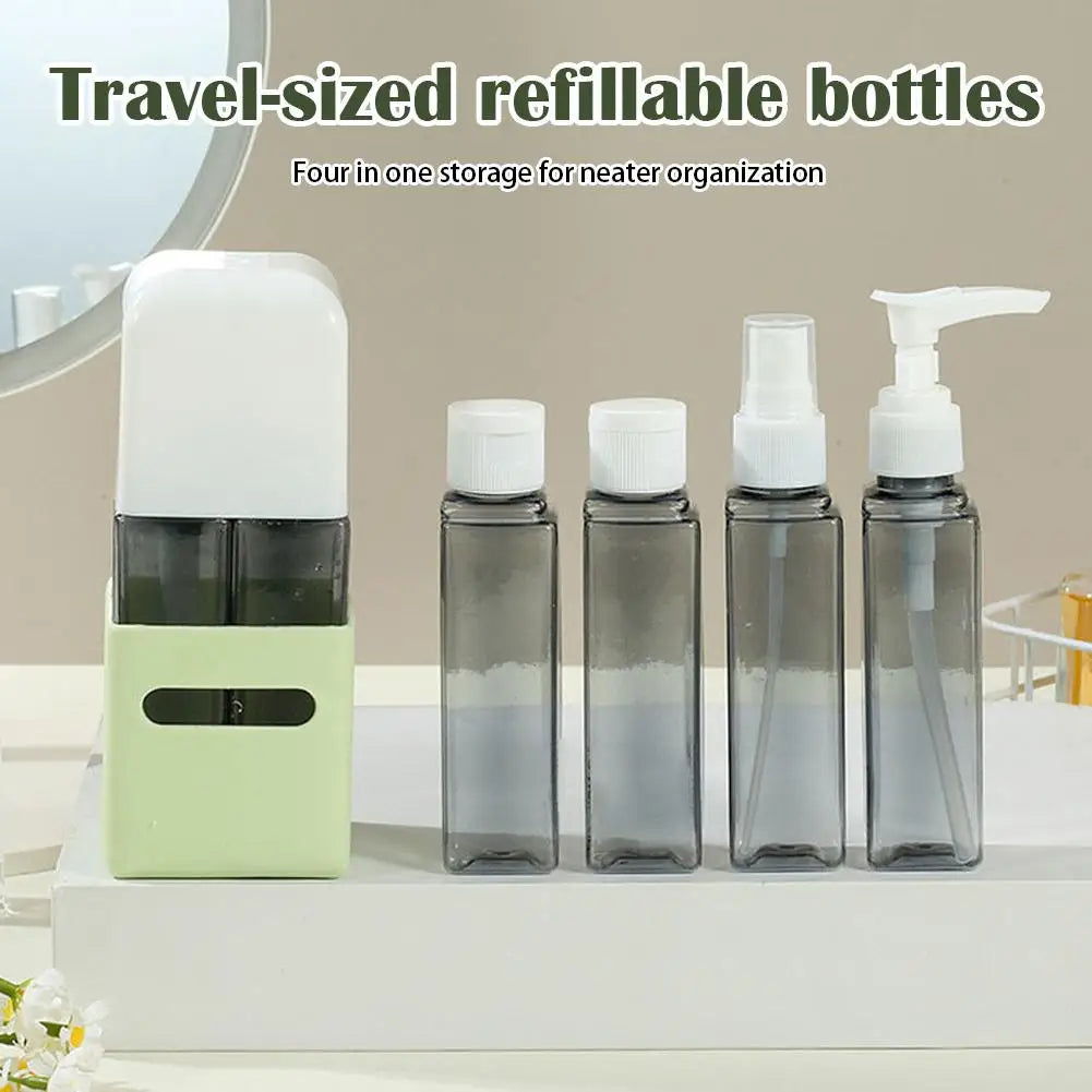 4-in-1 Refillable Travel Dispenser Bottles – Shampoo & Lotion Travel Dispenser Set Qme
