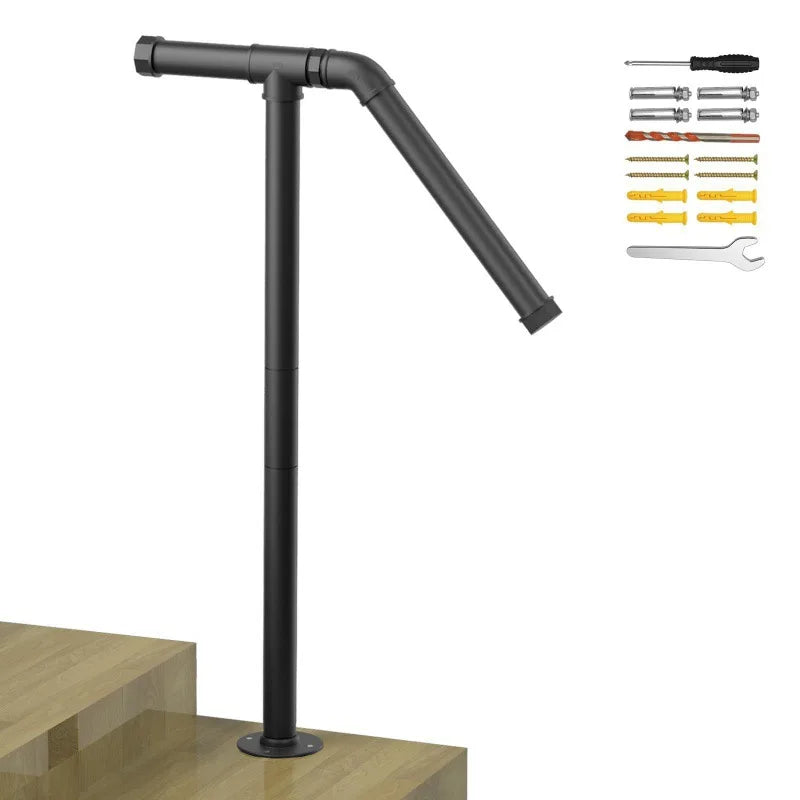 Wrought Iron Outdoor Stair Handrail – Single Post, 1–2 Steps Outdoor Stair Handrail Qme 1pc