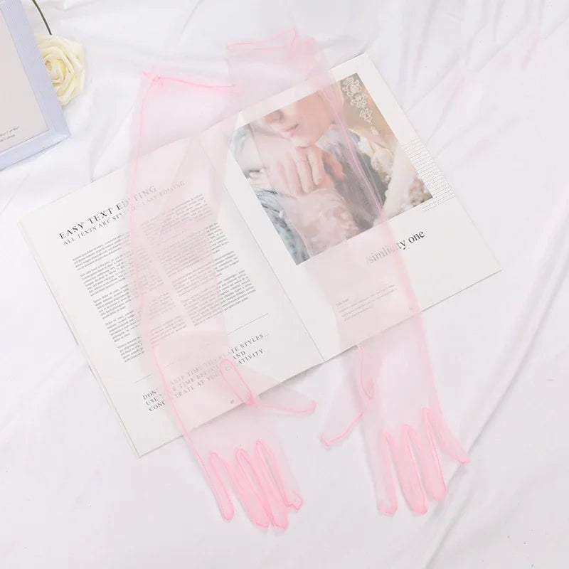 Women's Long Sheer Tulle Gloves Full Finger Mesh Arm Gloves Mesh Fashion Gloves Qme pink 55cm