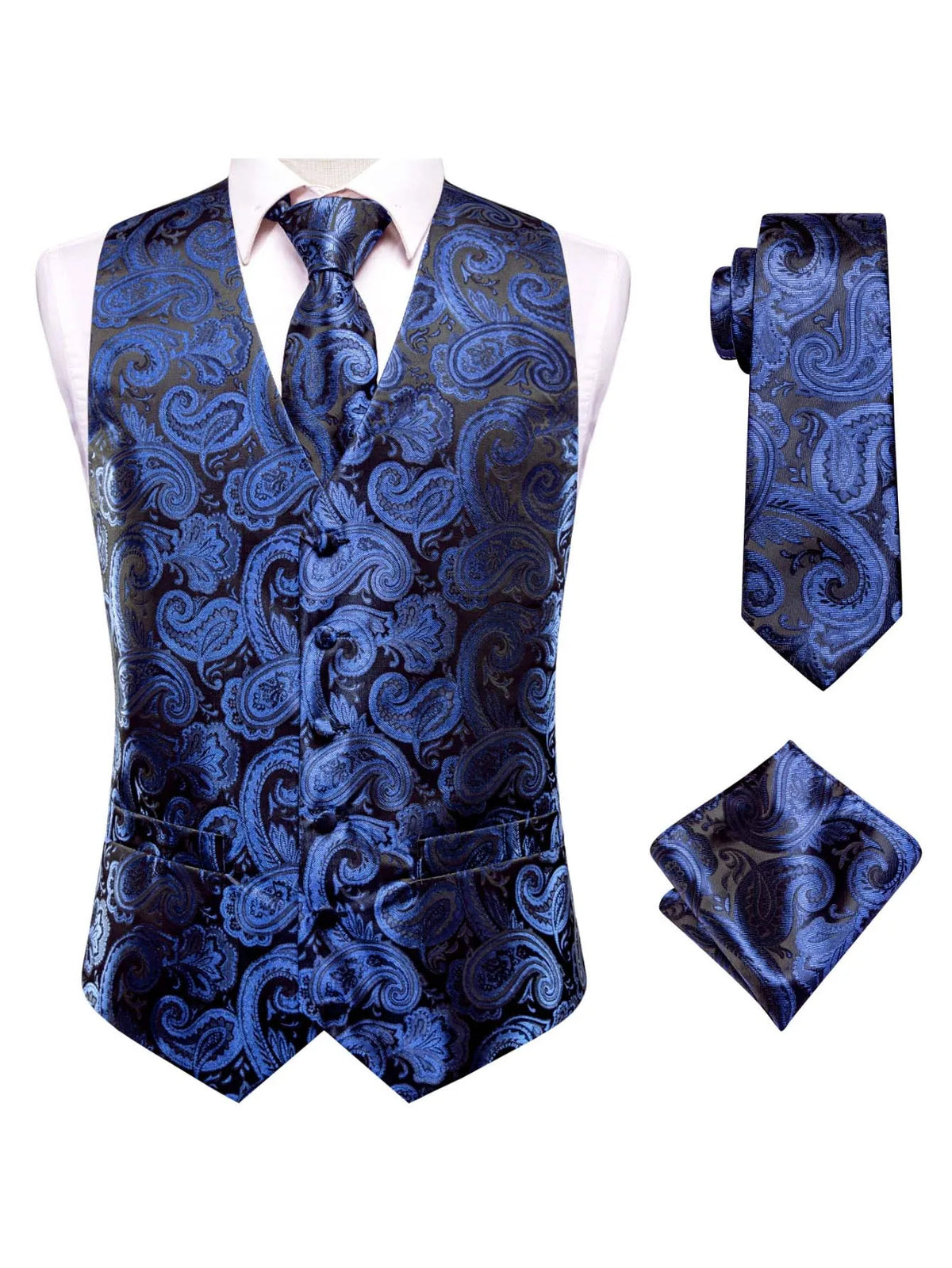 Men's Blue 3-Piece Suit Set – Vest, Tie & Pocket Square Men's Suit Set Qme