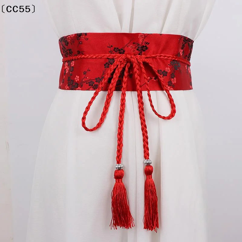 Vintage Floral Embroidered Wrap Belt – Bow Tie Tassel Sash Embroidered Wrap Belt Qst