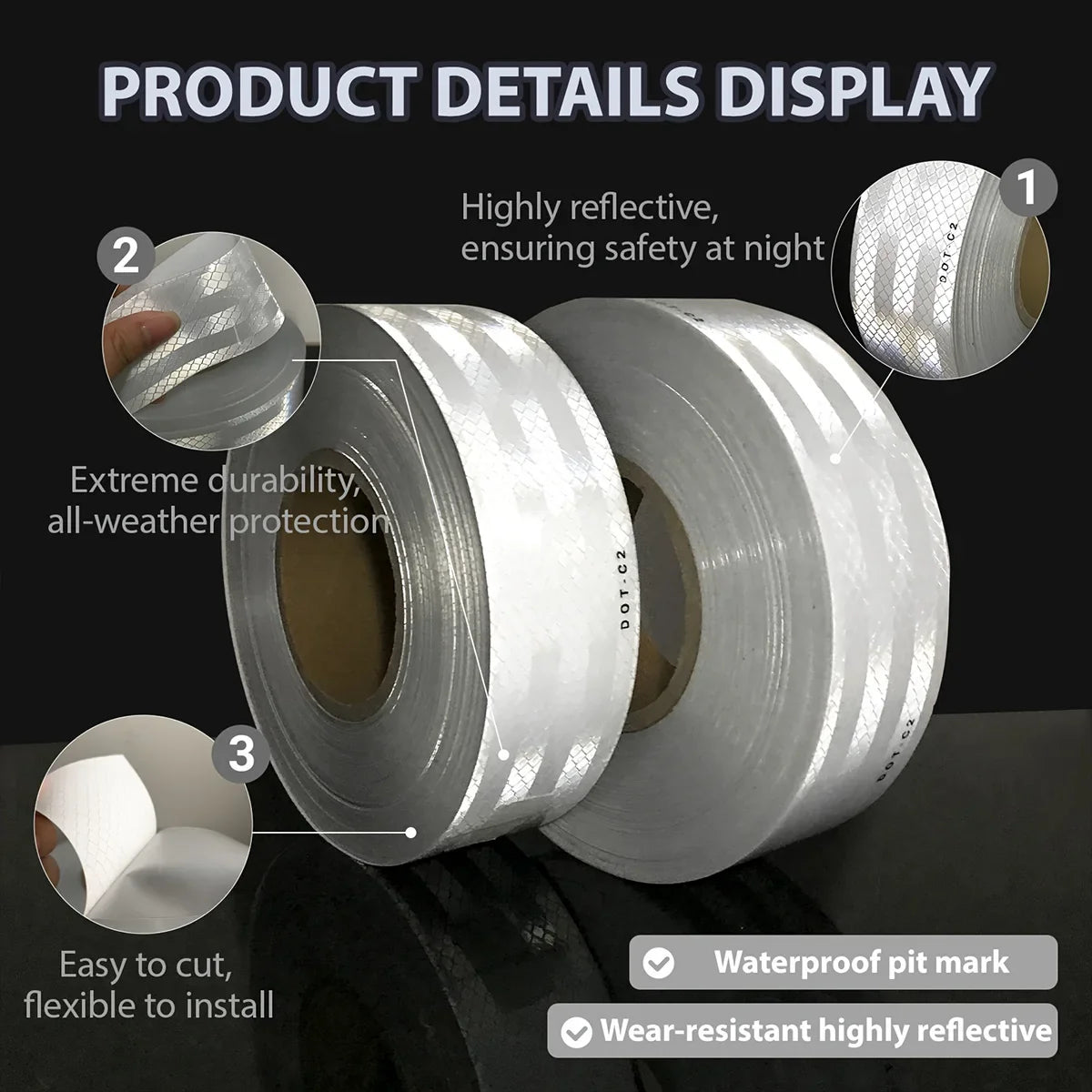White DOT-C2 Reflective Tape – Waterproof Safety Warning Strip Reflective Safety Tape Qme