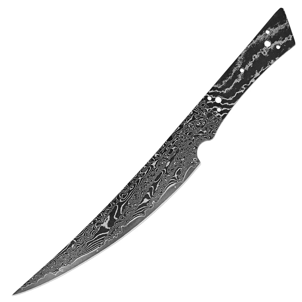 Damascus Steel Knife Blank – Curved Edge, Heat Treated, Full Tang Knife Blade Blank Qst DP-BK2505R8