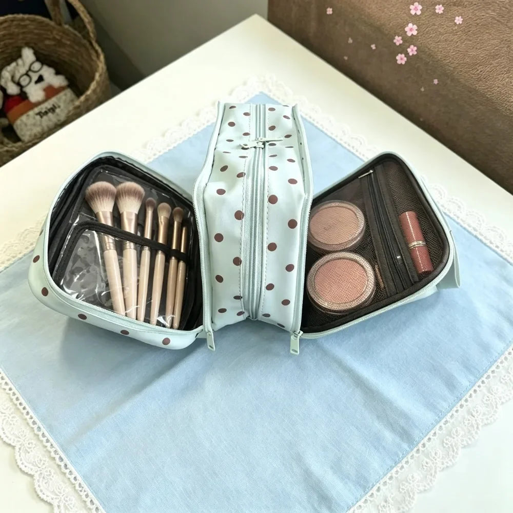 Korean Mint Green Polka Dot PU Leather Makeup Bag – Large Cosmetic Makeup Bag Qme