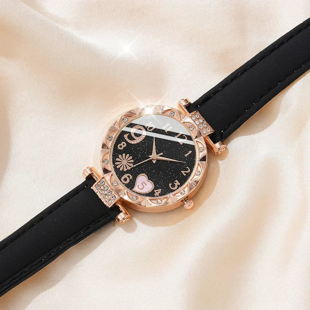 Women's Analog Quartz Watch & Leather Bracelet Set – 6 Pcs Watch & Bracelet Set Qme