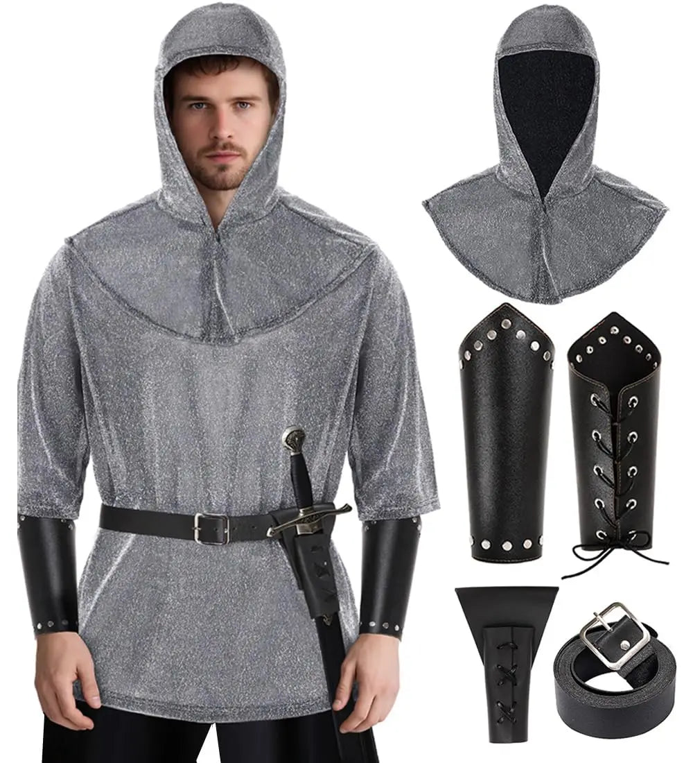 Medieval Faux Chain Mail Armor Tunic Shirt Cowl & Belt Set Medieval Costume Set Qme B XXL