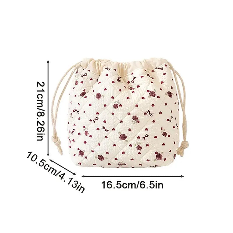 Quilted Drawstring Cosmetic Pouch – Pink Bow Pattern Cosmetic Pouch Qme
