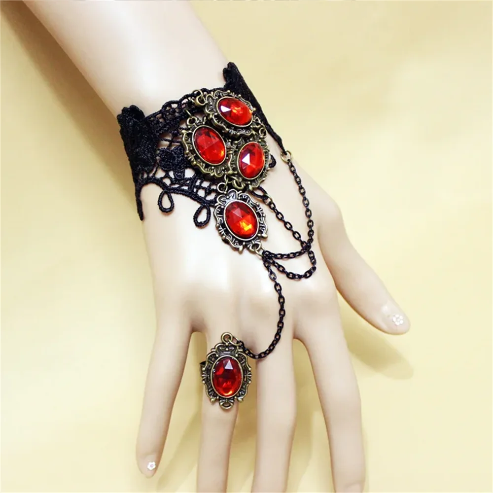 Vampire Black Lace Gem Bracelet – Vintage Punk Ring Lace Gem Bracelet Qme