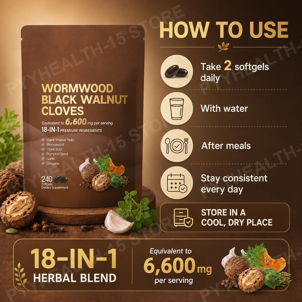 18-in-1 Wormwood Black Walnut Clove Herbal Softgels 240ct Herbal Supplement Qst