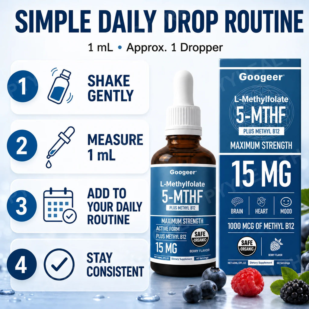 Googeer L-Methylfolate 5-MTHF Drops + Methyl B12 | 60mL Vitamin B Supplement Qst