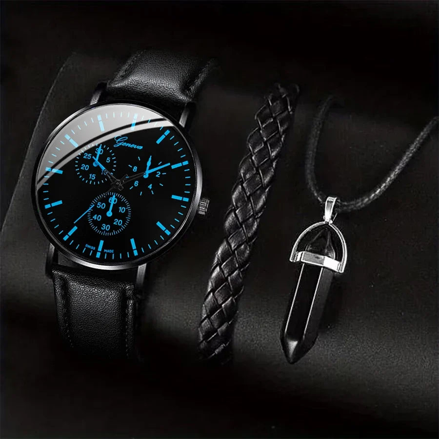 GENEVA Three-Hand Chronograph Men's Watch – Black Leather Men's Chronograph Watch Qme 3PCS Set