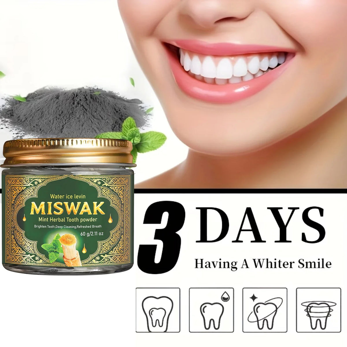 MISWAK Mint Herbal Tooth Powder – Charcoal Brightening Formula Herbal Tooth Powder Qme